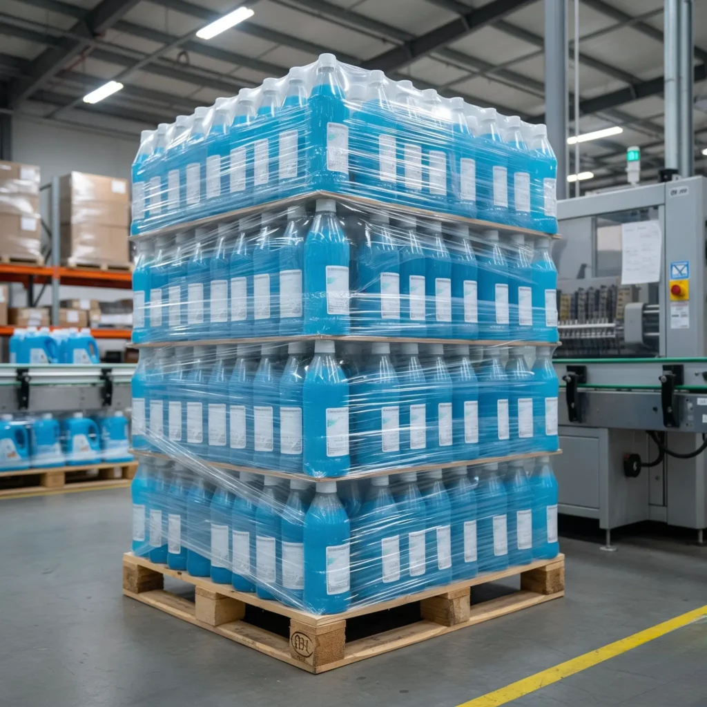 A pallet stacked with multiple trays of clear plastic bottles filled with blue liquid, wrapped in plastic, sits in a warehouse with industrial shelving and equipment in the background.
