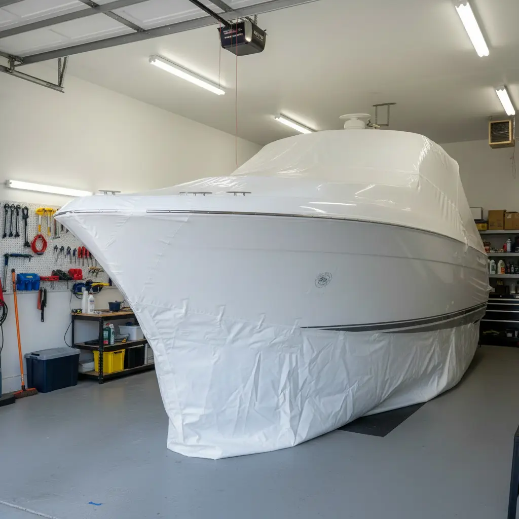 A large white boat covered in protective plastic is parked inside a clean, organized garage with tools and storage shelves visible along the walls.