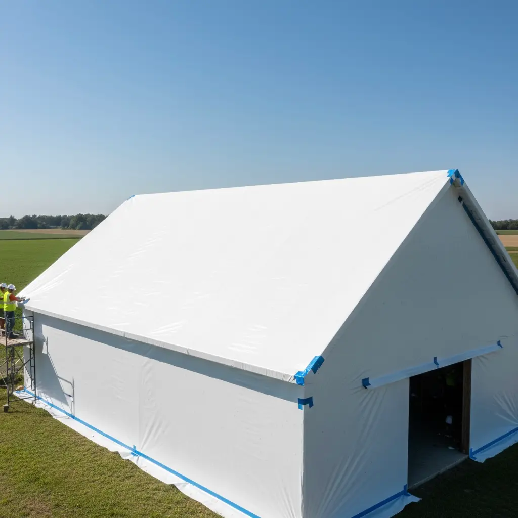 A large white tent with a peaked roof set up on a grassy field under a clear blue sky. People in safety vests are working near one side, and blue tape secures the tents edges.