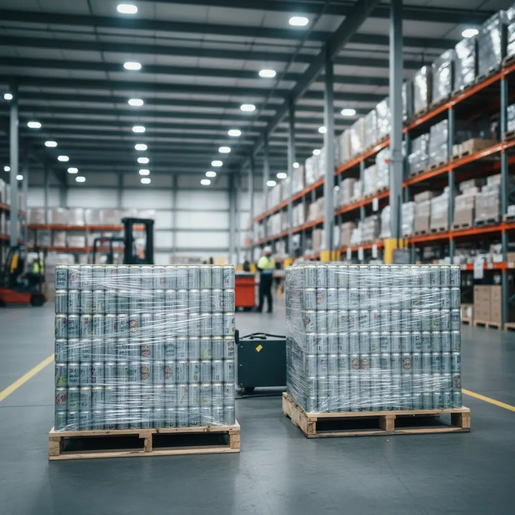 Two pallets stacked with canned goods wrapped in plastic sit in the middle of a spacious warehouse with high shelves stocked with boxes and various items. The background shows warehouse workers and forklifts in operation.